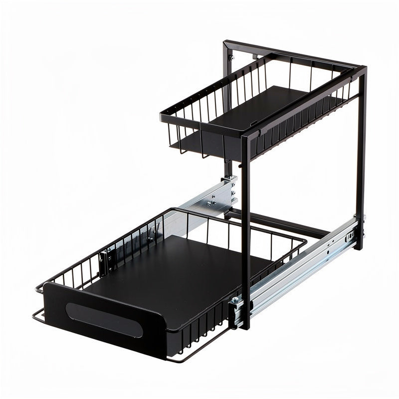 Sinkly 2-tier pull-out under-sink organiser in black powder-coated steel, lower drawer fully extended