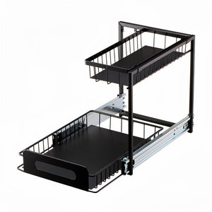 Sinkly 2-tier pull-out under-sink organiser in black powder-coated steel, lower drawer fully extended